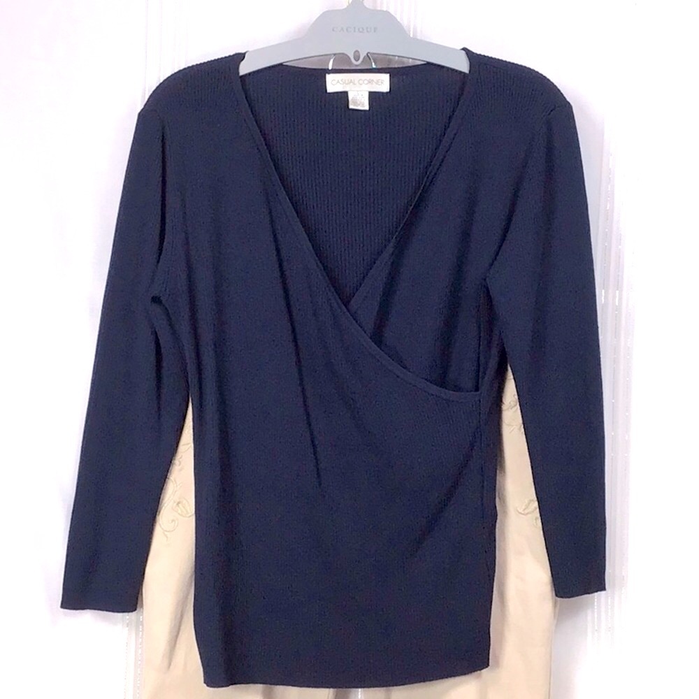 VTG Casual Corner Navy Faux Wrap Ribbed Knit 3/4 Sleeves Top Sz.L